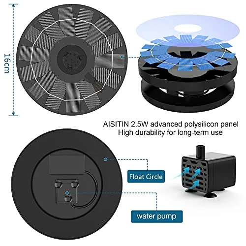 AISITIN 2.5W Solar Bird Bath Fountain Pump, Solar Fountain Pump for Bird Bath with 6 Nozzles, 6.7" Solar Powered Water Fountain Pump for Garden, Ponds, Pool, Fish Tank, Aquarium and Outdoor