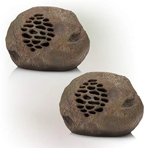 Alpine Corporation Weather-resistant Bluetooth Solar-Powered Outdoor Wireless Rock Speaker – Set of 2, Brown