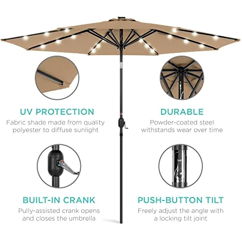 Best Choice Products 10ft Solar Powered Aluminum Polyester LED Lighted Patio Umbrella w/Tilt Adjustment and UV-Resistant Fabric - Tan