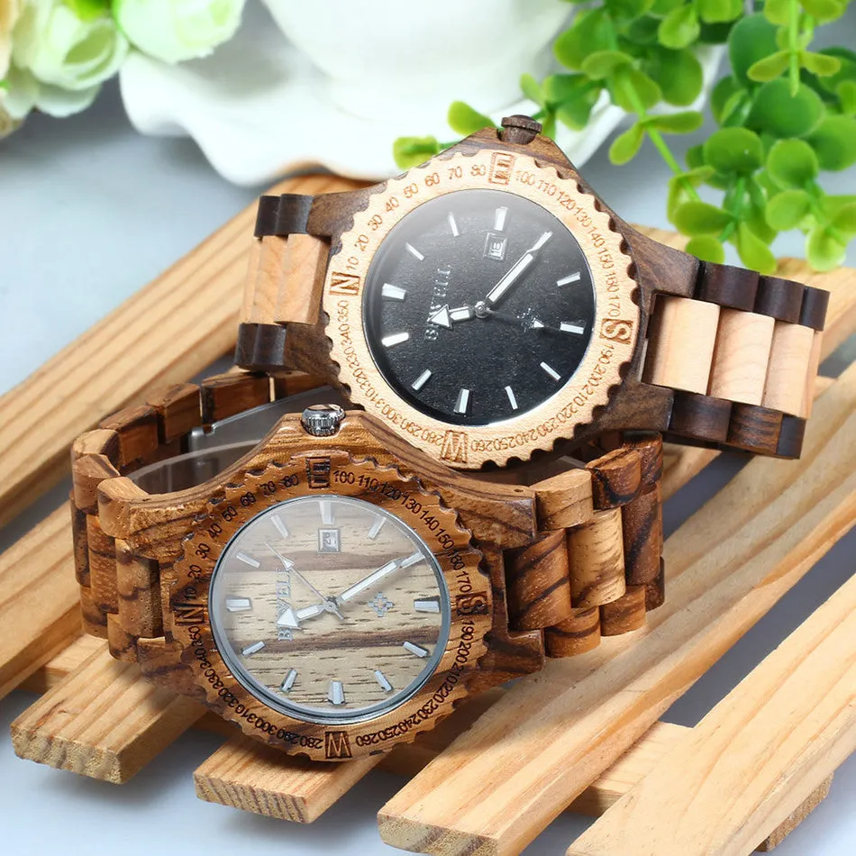 BEWELL Brand Men Wooden Watch New Year Gift Bangle Quartz Watch with Calendar Display role men relogio masculino watches