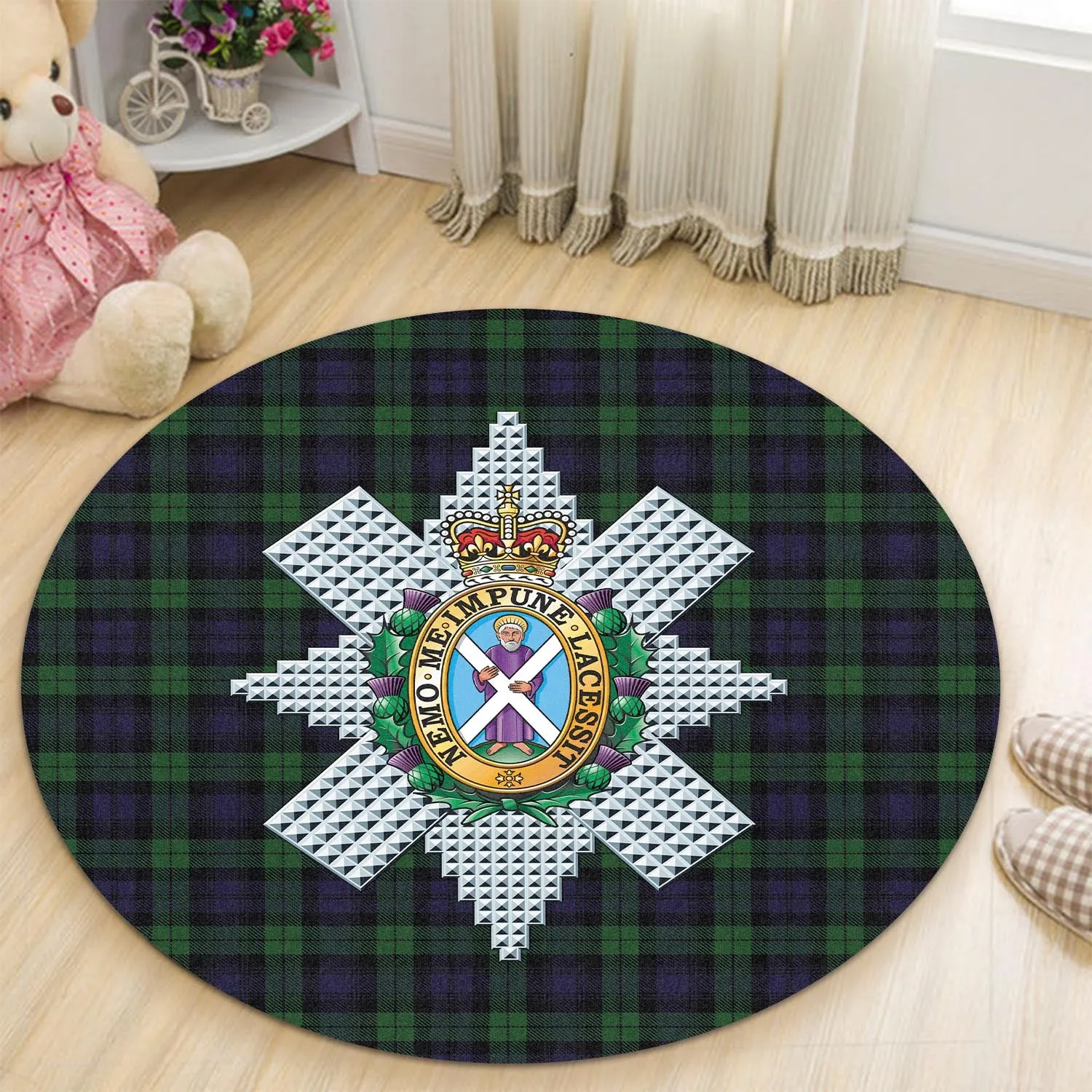 Black Watch Tartan Round Rug with Family Crest