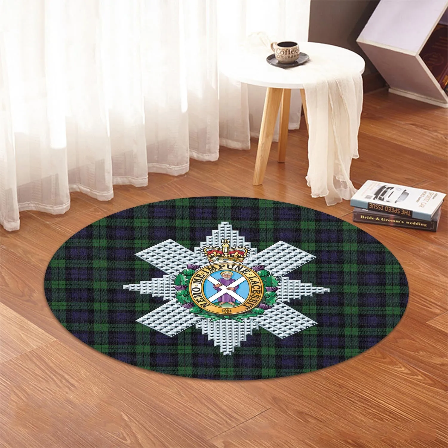 Black Watch Tartan Round Rug with Family Crest