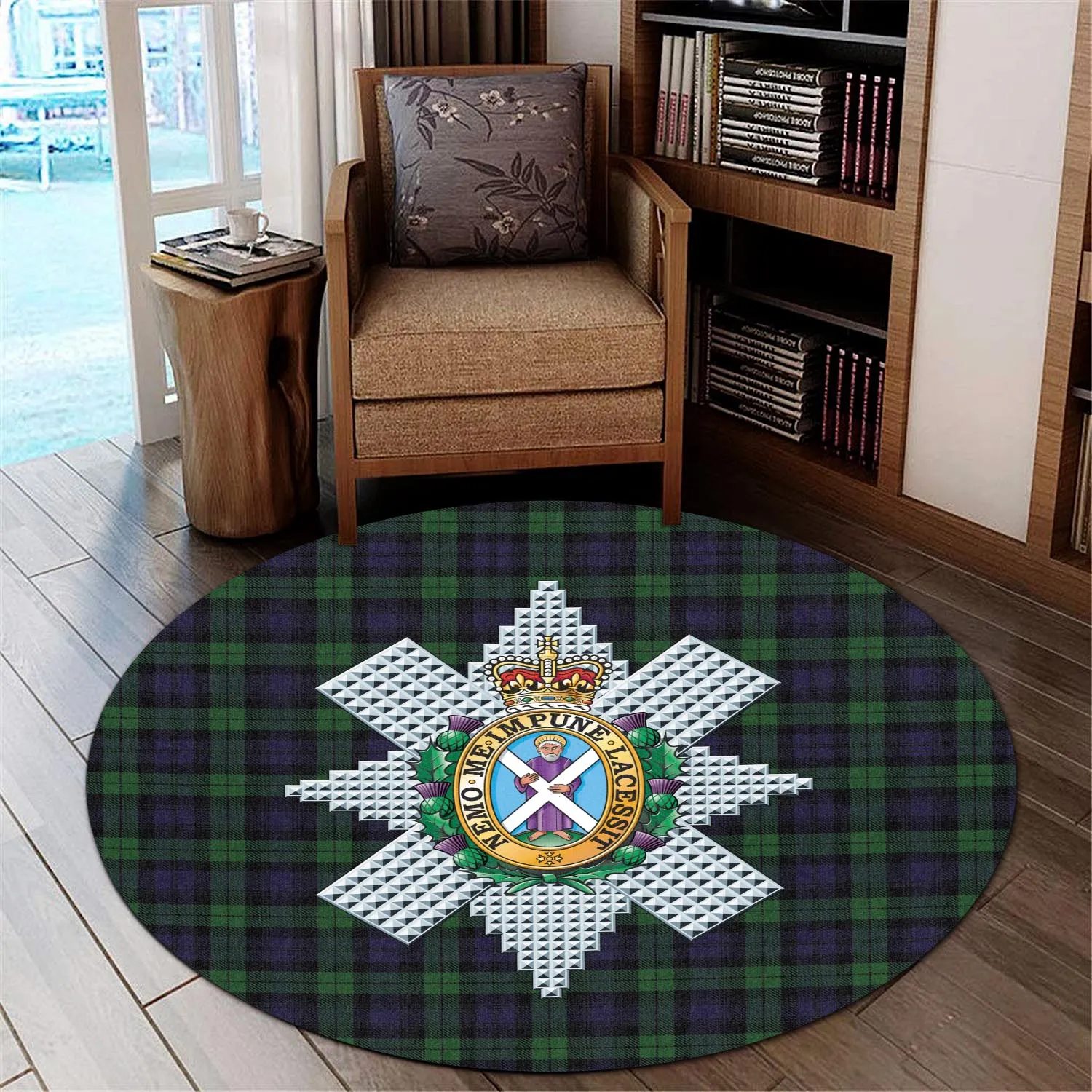 Black Watch Tartan Round Rug with Family Crest