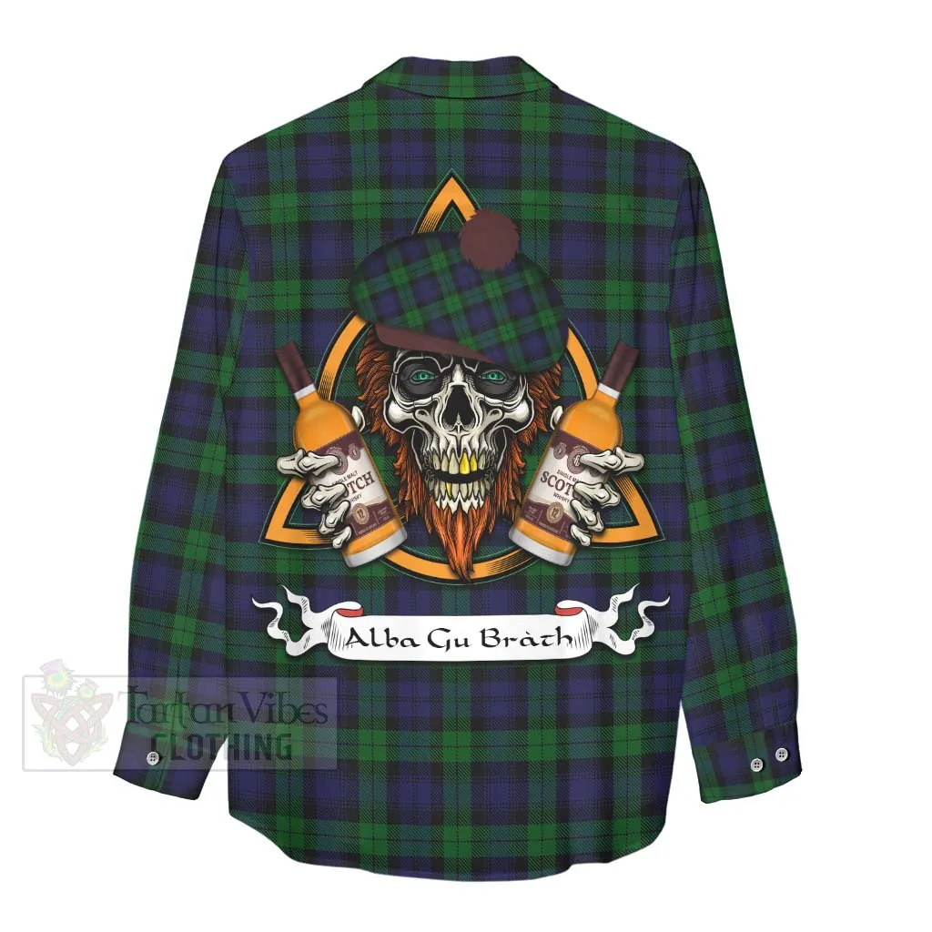 Black Watch Tartan Women's Casual Shirt with Family Crest and Bearded Skull Holding Bottles of Whiskey