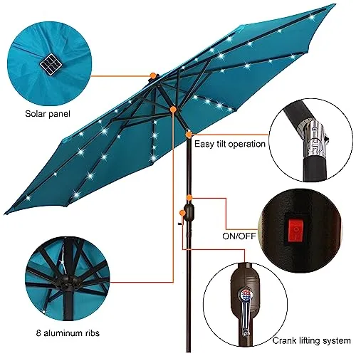 Blissun 9 ft Solar Umbrella 32 LED Lighted Patio Umbrella Table Market Umbrella with Tilt and Crank Outdoor Umbrella for Garden, Deck, Backyard, Pool and Beach (Cerulean)