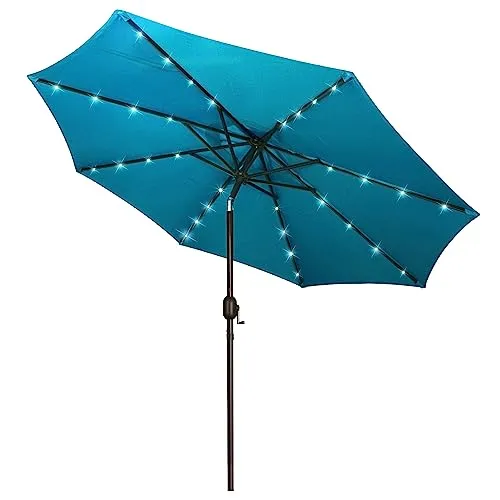 Blissun 9 ft Solar Umbrella 32 LED Lighted Patio Umbrella Table Market Umbrella with Tilt and Crank Outdoor Umbrella for Garden, Deck, Backyard, Pool and Beach (Cerulean)