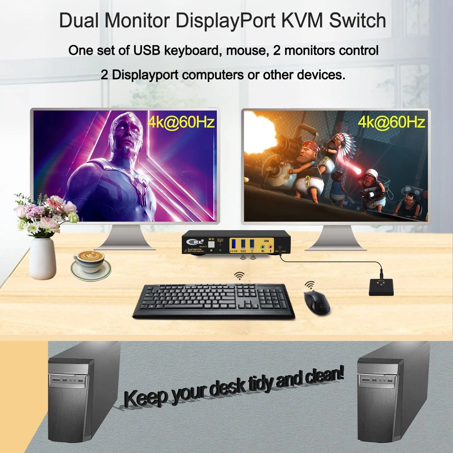 CKL 2 Port KVM Switch Dual Monitor DisplayPort 4K 60Hz for 2 Computers 2 Monitors, 1 DP Input to 2 DP Outputs for Each PC via DP 1.4 MST (622DP-MST)