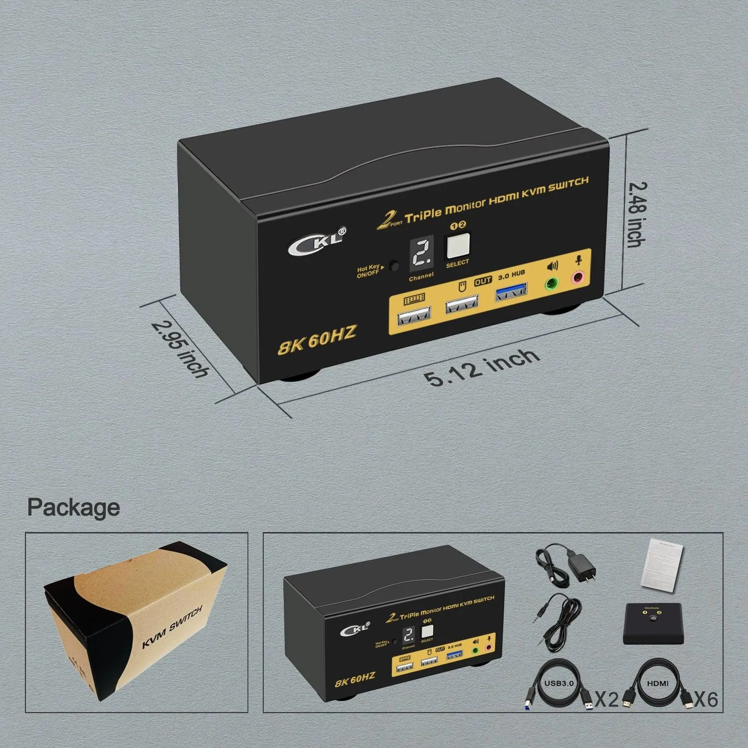 CKL 2 Port USB 3.0 KVM Switch Triple Monitor HDMI 2.1 8K 60Hz 4K 120Hz 144Hz with EDID for 2 Computers 3 Monitors CKL-923HUA-5