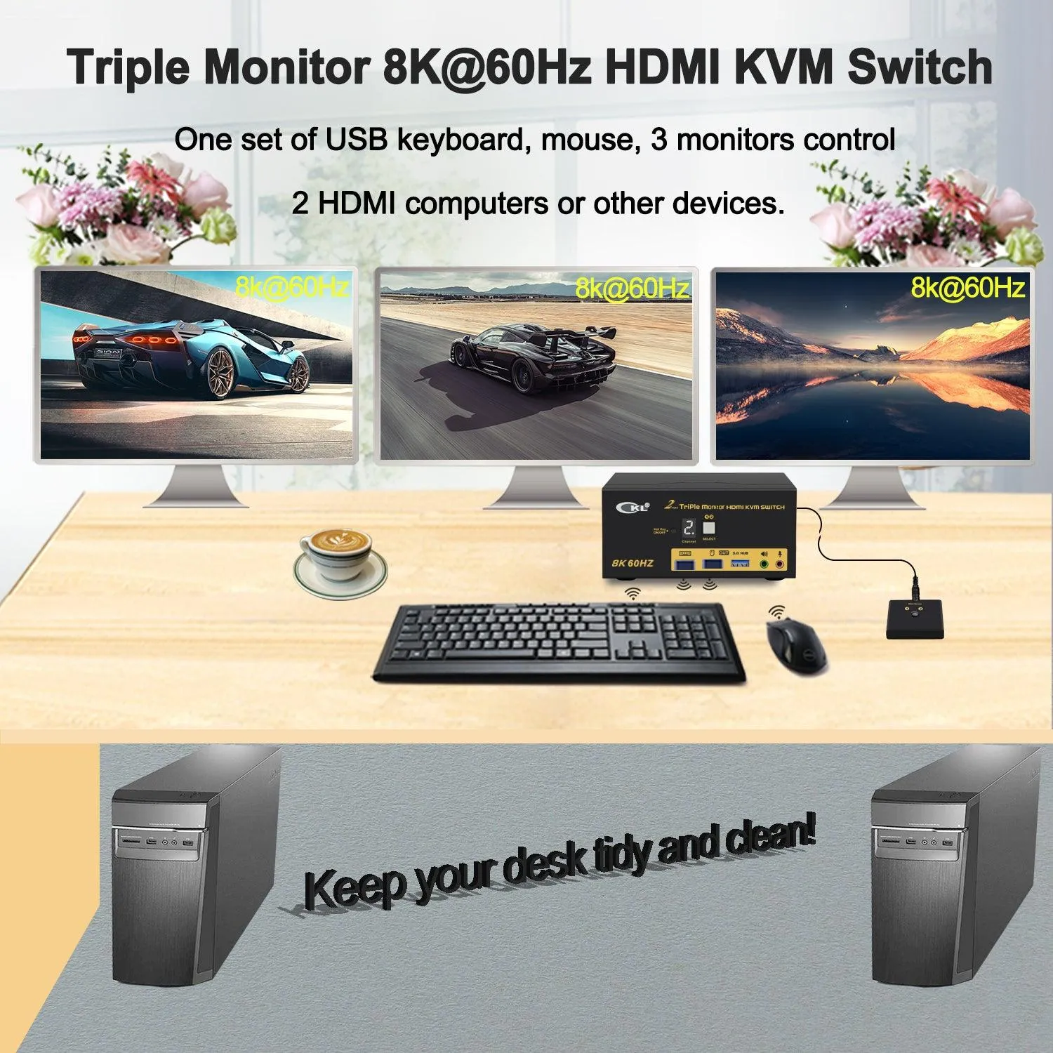 CKL 2 Port USB 3.0 KVM Switch Triple Monitor HDMI 2.1 8K 60Hz 4K 120Hz 144Hz with EDID for 2 Computers 3 Monitors CKL-923HUA-5