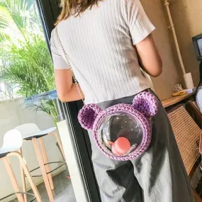 Cute Purple Crochet Mouse Pink Backpack Mouse Crochet Shoulder Bag for Girl Pink Mouse Crochet Crossbody Purse