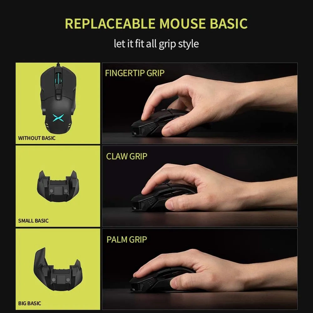 Delux M629BU Wired Modular Ergonomic Gaming Mouse RGB with 7 Buttons, Up to 16000 DPI, Fully Programmable Buttons PMW3389