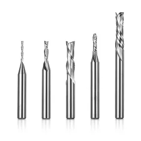 DSBC05, 1/4" Shank, 2-Flute Milling Carving Bit Set, Down Cut & Compression Cut, Tungsten Carbide End Mills CNC Router Bits, For Tool for Aluminum, Metal, Plastic, MDF & Wood, 5pcs