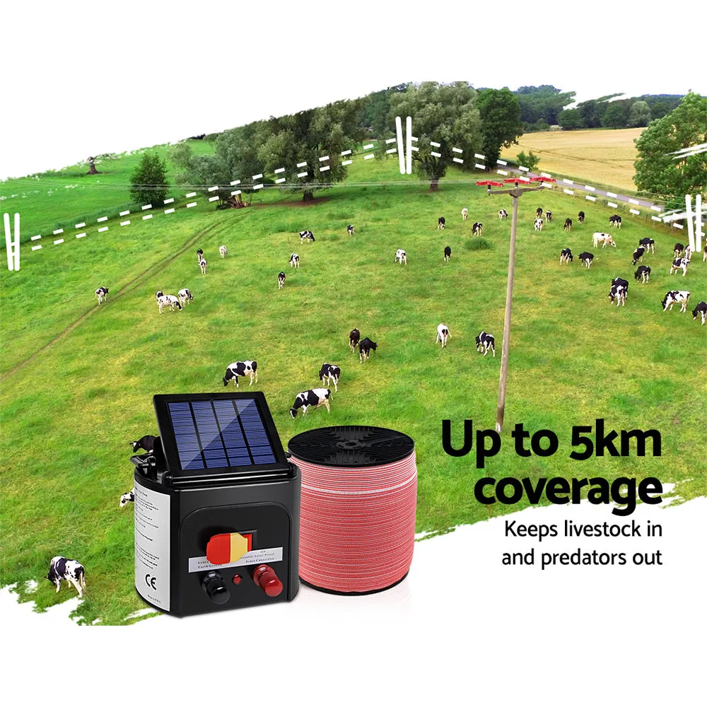 Efficient 5KM Solar Electric Fence Energiser with 2000M Polytape - Giantz