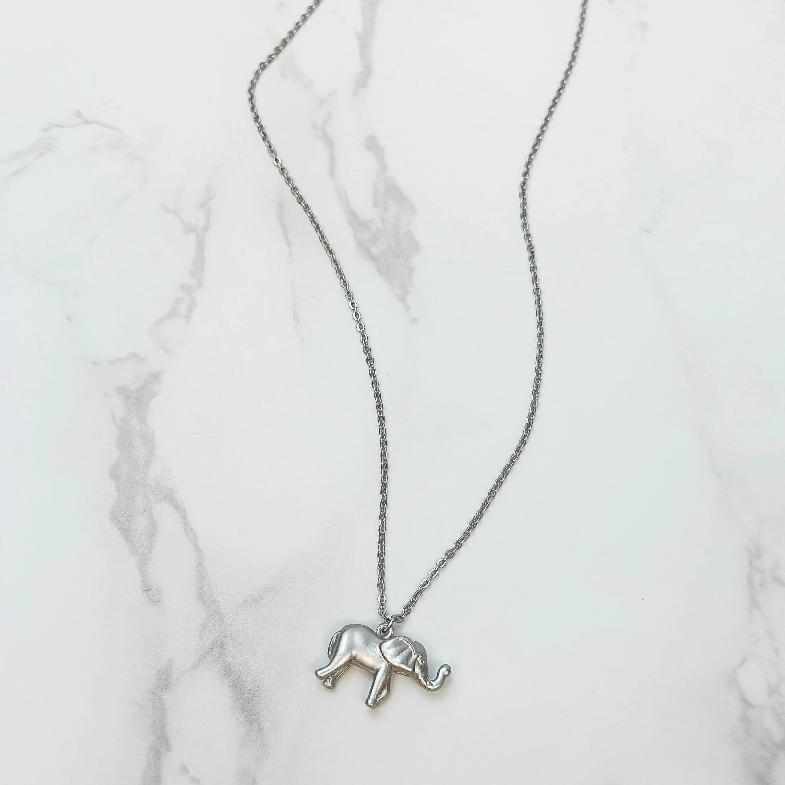 Elephant Pendant Charm Necklace  - Matte Silver