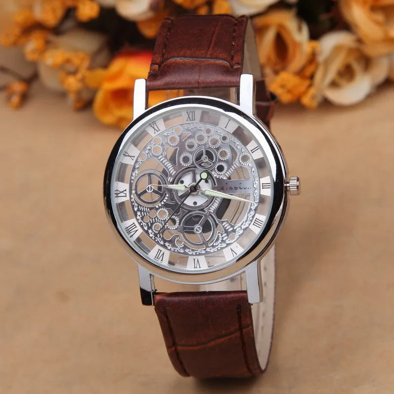 Famous Brand Luxury Fashion Casual Stainless Steel Men Skeleton Watch Men Dress Wristwatch Leather Quartz Boy watch