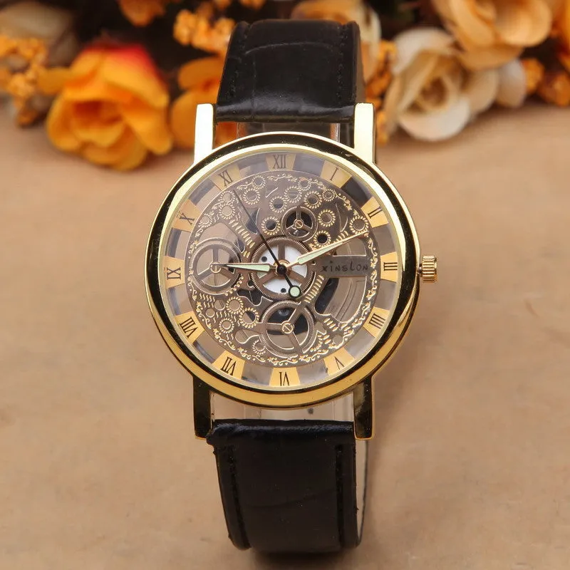 Famous Brand Luxury Fashion Casual Stainless Steel Men Skeleton Watch Men Dress Wristwatch Leather Quartz Boy watch