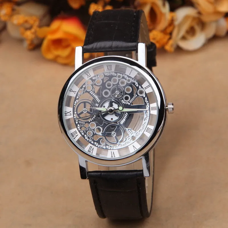 Famous Brand Luxury Fashion Casual Stainless Steel Men Skeleton Watch Men Dress Wristwatch Leather Quartz Boy watch