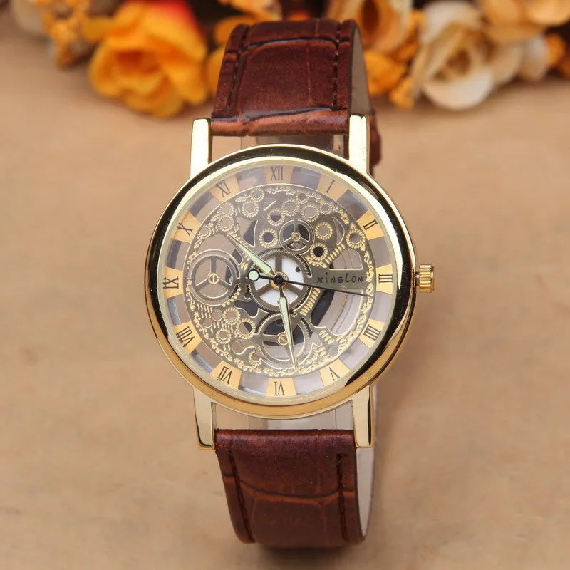 Famous Brand Luxury Fashion Casual Stainless Steel Men Skeleton Watch Men Dress Wristwatch Leather Quartz Boy watch