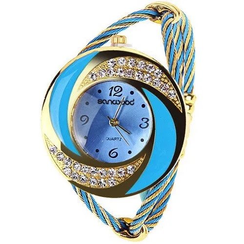 Fashion Women Rhinestone Round Crystal Decorated Bangle Cuff Analog Quartz Bracelet Dress Watch