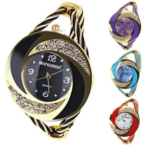 Fashion Women Rhinestone Round Crystal Decorated Bangle Cuff Analog Quartz Bracelet Dress Watch