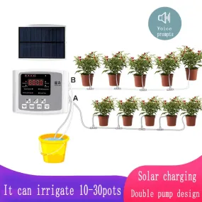 Garden Drip Irrigation Device Double Pump Controller Timer System, Solar Energy Intelligent Automatic Watering Device for Plants