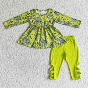 girls Cartoon green Tops criss cross leggings sets GLP0080