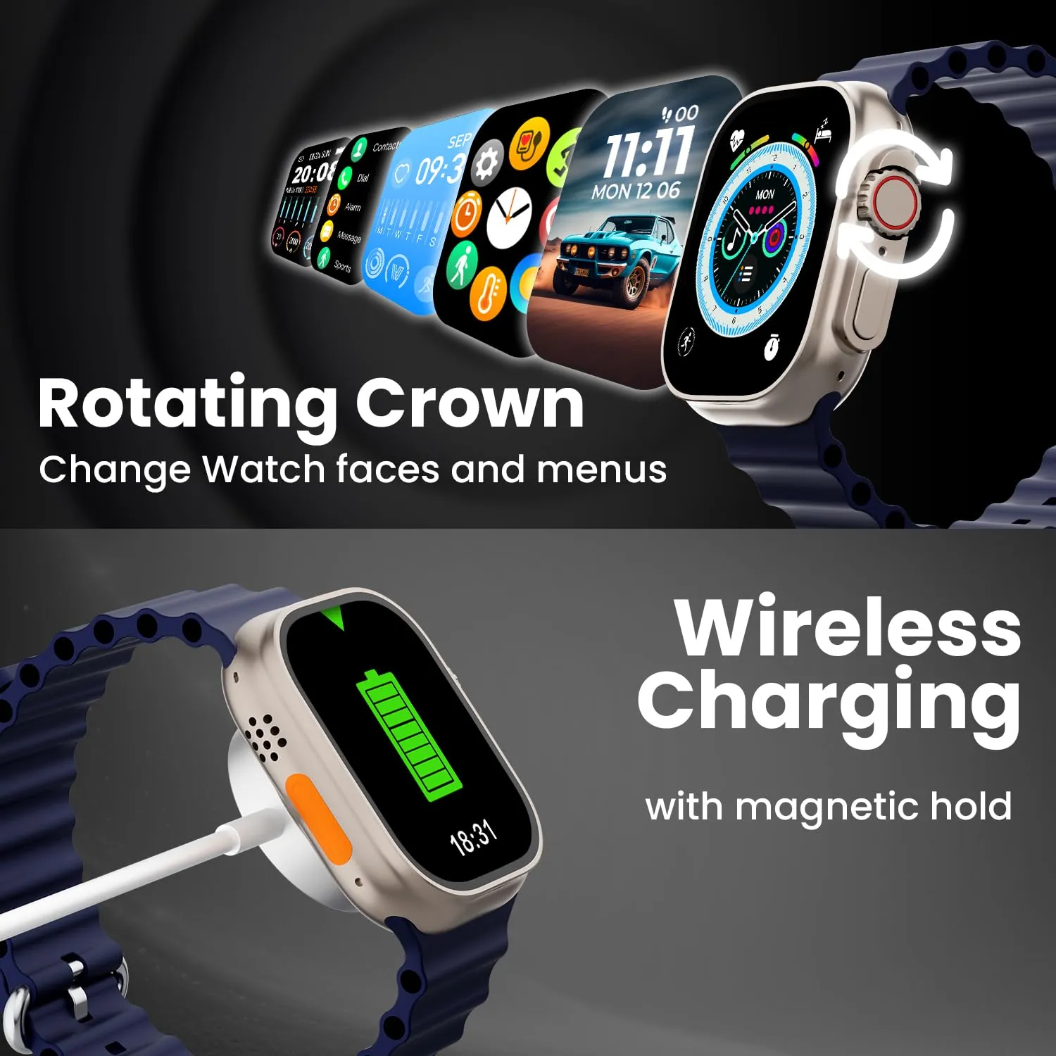 Kratos SW18 Ultra Pro Smartwatch with 2.01" Touch Display, Advanced BT Calling, Wireless Charging Smart Watch, Voice Assistant, 100  Sports Modes, Rotating Crown, Metallic Body, IP67, Heart Rate, SpO2