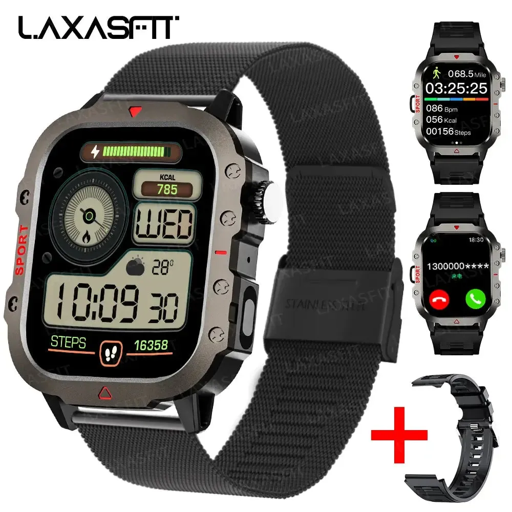 LAXASFIT LED Flashlight Smart Watch Men Sports Fitness Bluetooth Call Heart Rate Health Monitor Outdoor Smart Watch Holiday Gift