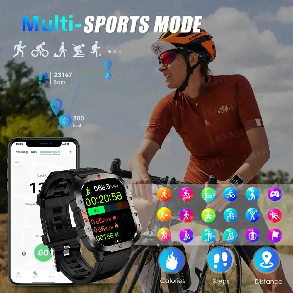 LAXASFIT LED Flashlight Smart Watch Men Sports Fitness Bluetooth Call Heart Rate Health Monitor Outdoor Smart Watch Holiday Gift