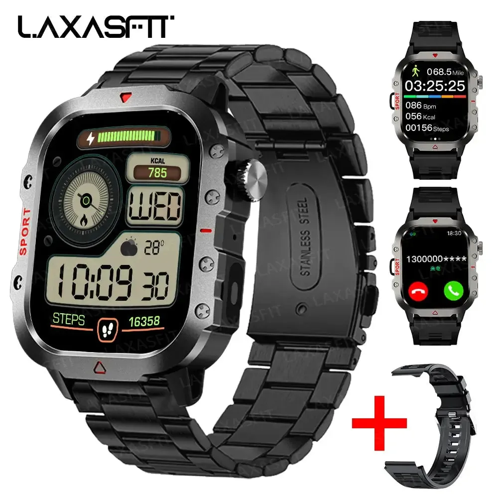 LAXASFIT LED Flashlight Smart Watch Men Sports Fitness Bluetooth Call Heart Rate Health Monitor Outdoor Smart Watch Holiday Gift