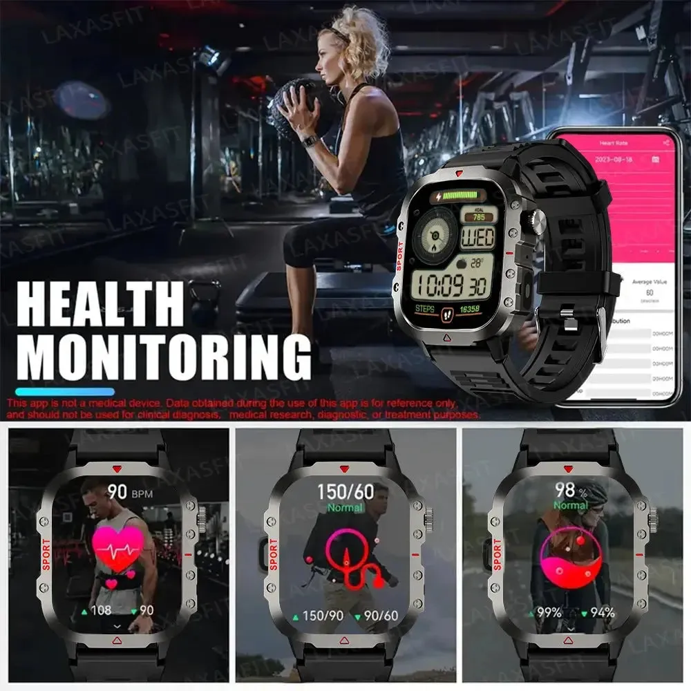 LAXASFIT LED Flashlight Smart Watch Men Sports Fitness Bluetooth Call Heart Rate Health Monitor Outdoor Smart Watch Holiday Gift