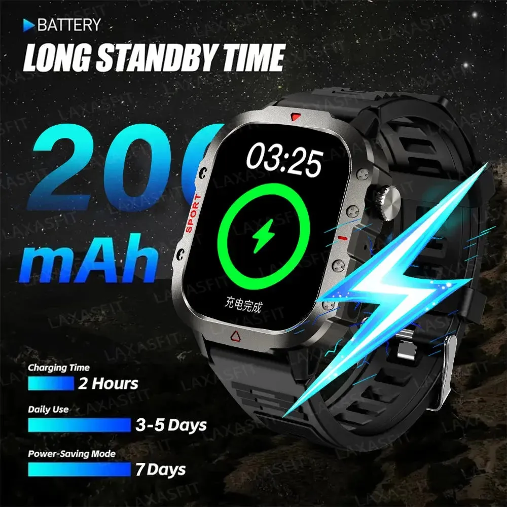 LAXASFIT LED Flashlight Smart Watch Men Sports Fitness Bluetooth Call Heart Rate Health Monitor Outdoor Smart Watch Holiday Gift