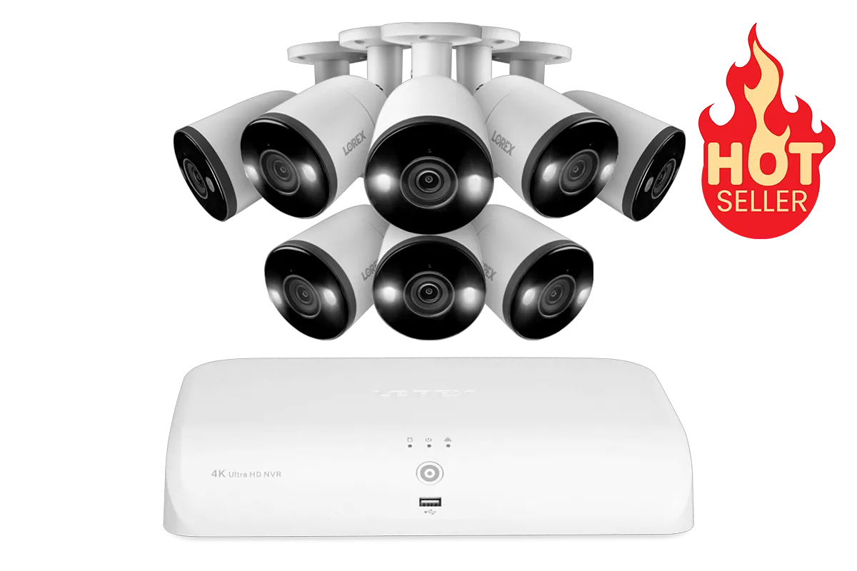 Lorex 4K 16 Camera Capable (8 Wired   8 Fusion Wi-Fi ) 2TB Wired NVR System with Eight IP Smart Deterrence Bullet Cameras - Open Box