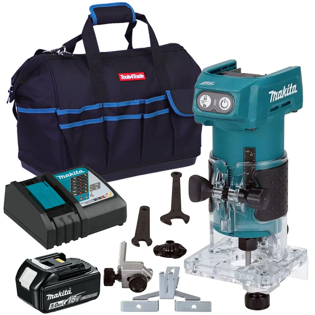 Makita DRT52Z 18V LXT Brushless Router Trimmer with 1 x 5.0Ah Battery Charger & Bag