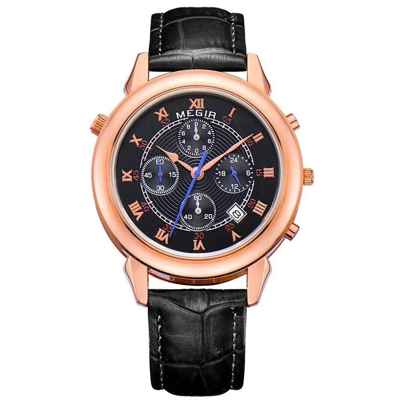 MEGIR Luxury Men Watches Design CHRONOGRAPH 24 Hours Business Watch 2 Movement Genuine Leather Men Watches