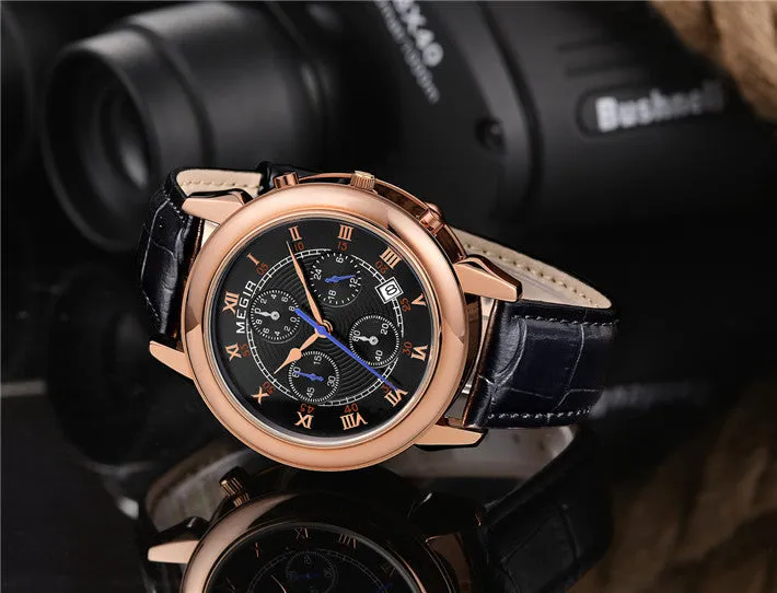 MEGIR Luxury Men Watches Design CHRONOGRAPH 24 Hours Business Watch 2 Movement Genuine Leather Men Watches