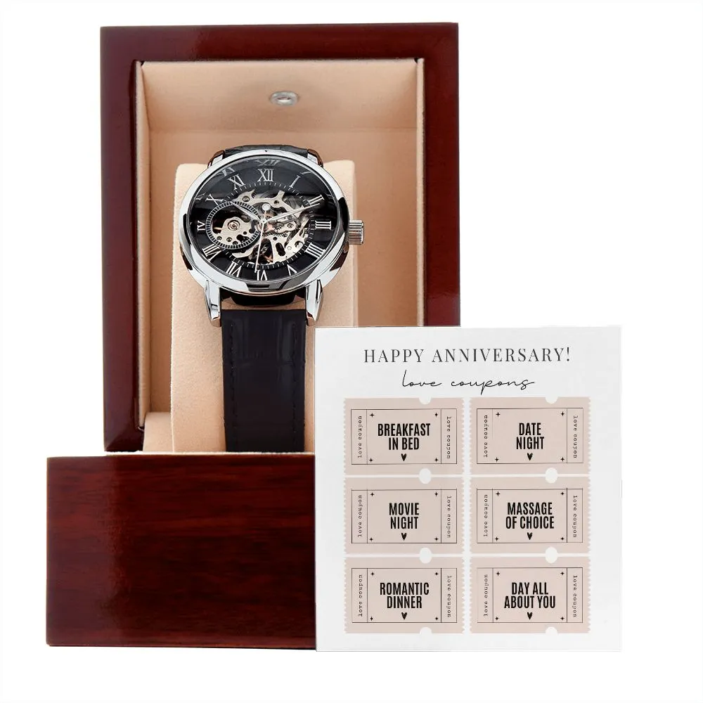 Men's Openwork Watch Anniversary Gifts Love Coupons Card Gifts for Husband, Boyfriend