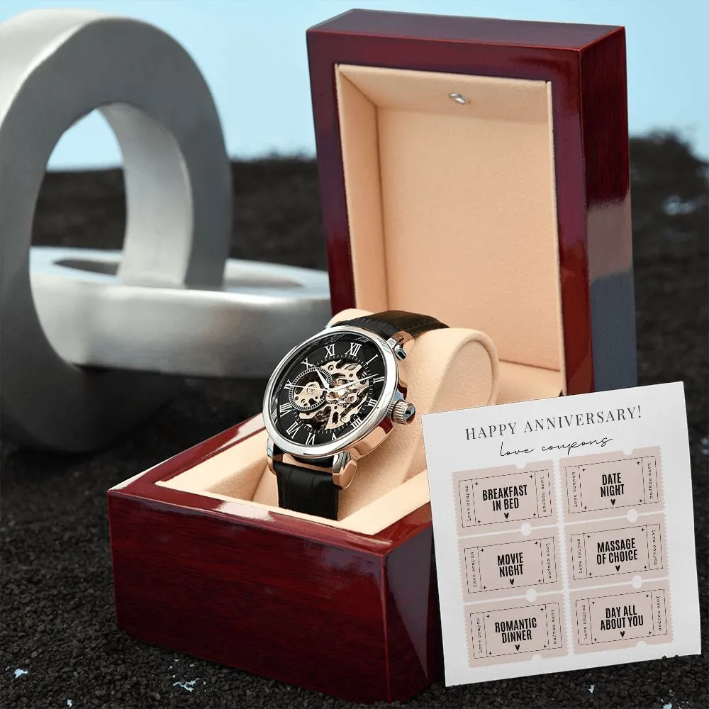 Men's Openwork Watch Anniversary Gifts Love Coupons Card Gifts for Husband, Boyfriend