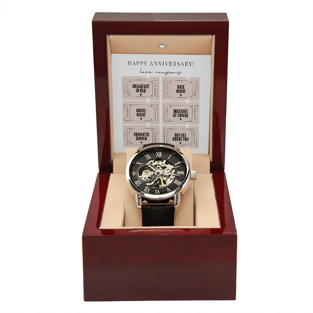 Men's Openwork Watch Anniversary Gifts Love Coupons Card Gifts for Husband, Boyfriend