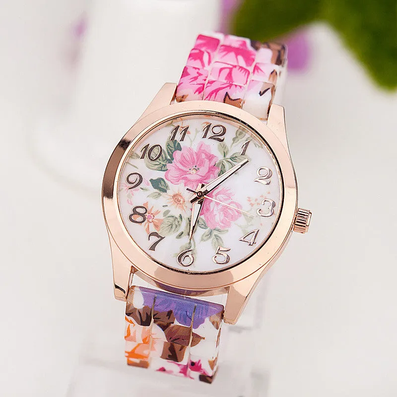 New Fashion Quartz Watch Rose Flower Print Silicone Watches