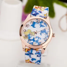 New Fashion Quartz Watch Rose Flower Print Silicone Watches