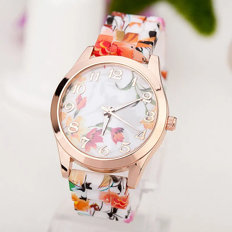 New Fashion Quartz Watch Rose Flower Print Silicone Watches