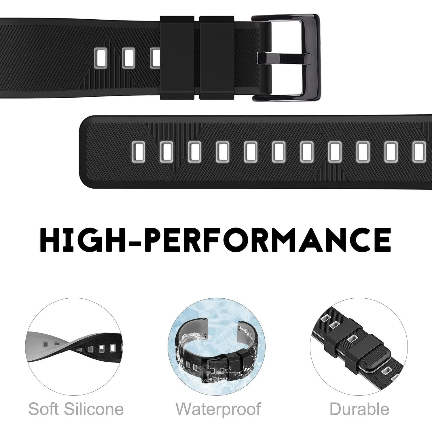 Ritche Sports Silicone Quick Release Watch Bands Straps-Black/Grey/Black Buckle