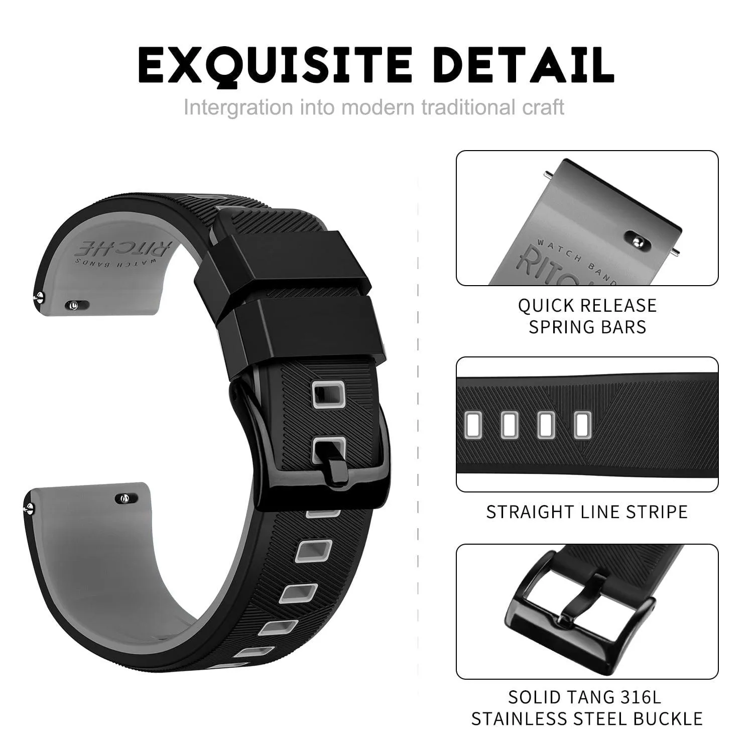 Ritche Sports Silicone Quick Release Watch Bands Straps-Black/Grey/Black Buckle