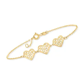 Ross-Simons Italian 14K Yellow Gold Floral-Pattern Heart Station Bracelet