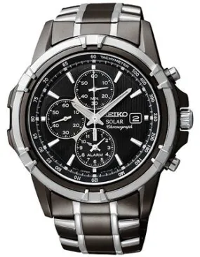 Seiko Solar Mens Alarm Chronograph - Black Dial with Steel & Black IP Bracelet