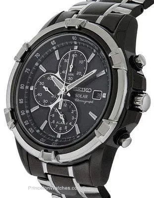 Seiko Solar Mens Alarm Chronograph - Black Dial with Steel & Black IP Bracelet