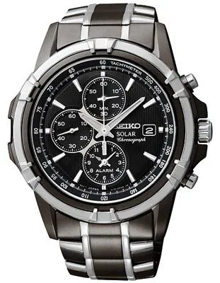 Seiko Solar Mens Alarm Chronograph - Black Dial with Steel & Black IP Bracelet