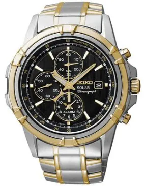 Seiko Solar Mens Two-Tone Alarm Chronograph - Black Dial - Bracelet - 100M WR