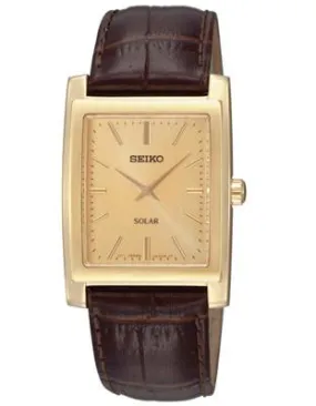 Seiko Solar Mens Watch - Gold-Tone Rectangular Dial - Brown Leather Strap